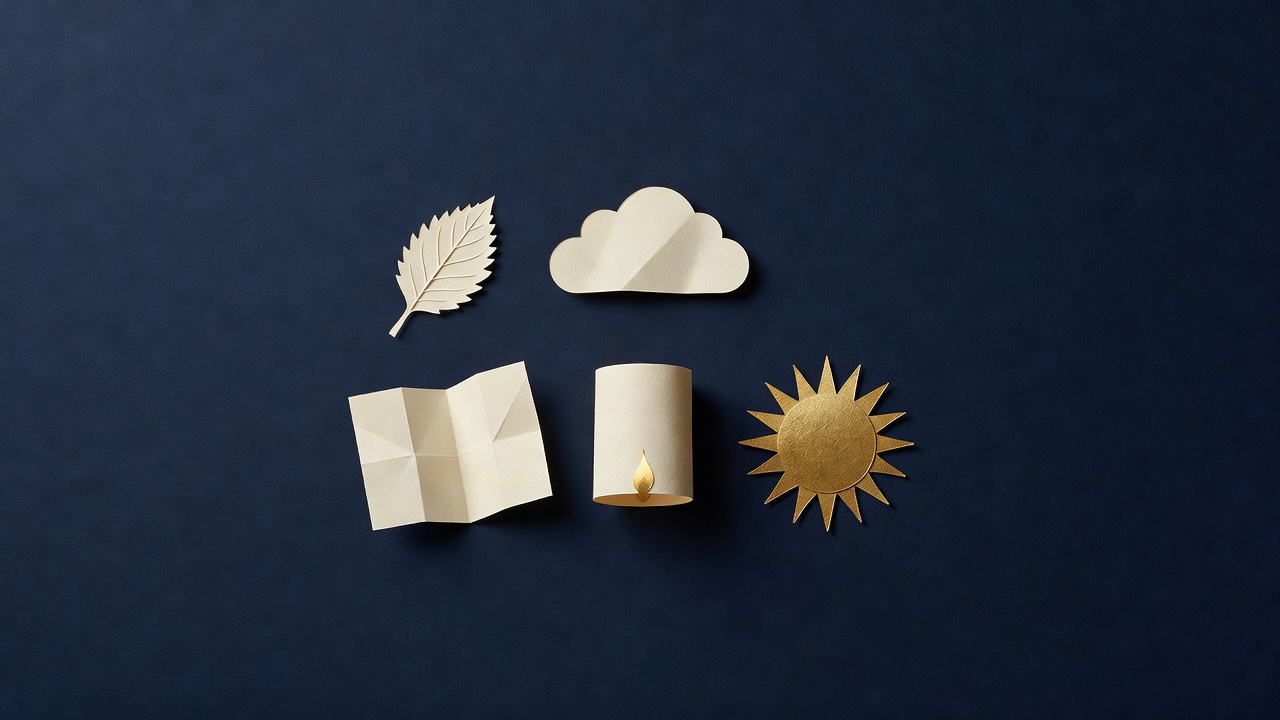Paper-cut still life of a leaf, a cloud, a folded blank map, a lantern and a sun on navy