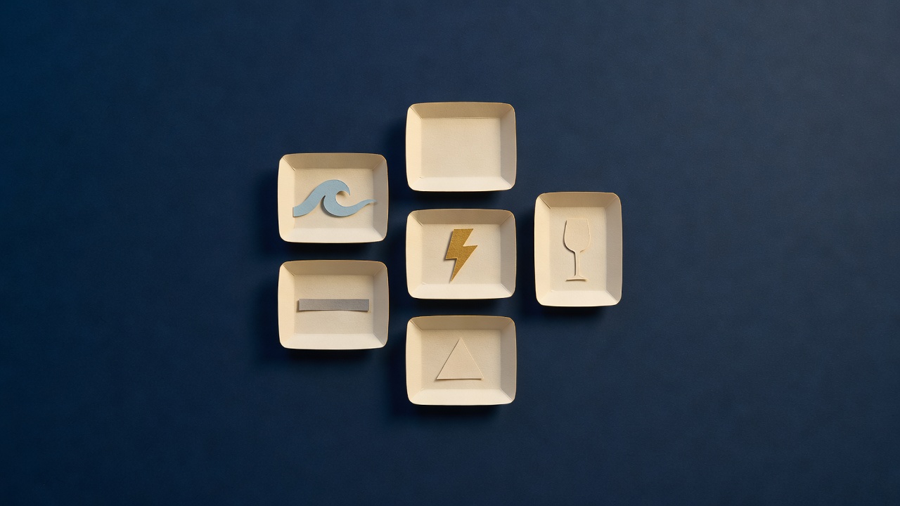 Paper-cut still life of six small trays, five holding a paper wave, a lightning bolt, a wine glass, a grey strip and a triangle, on navy