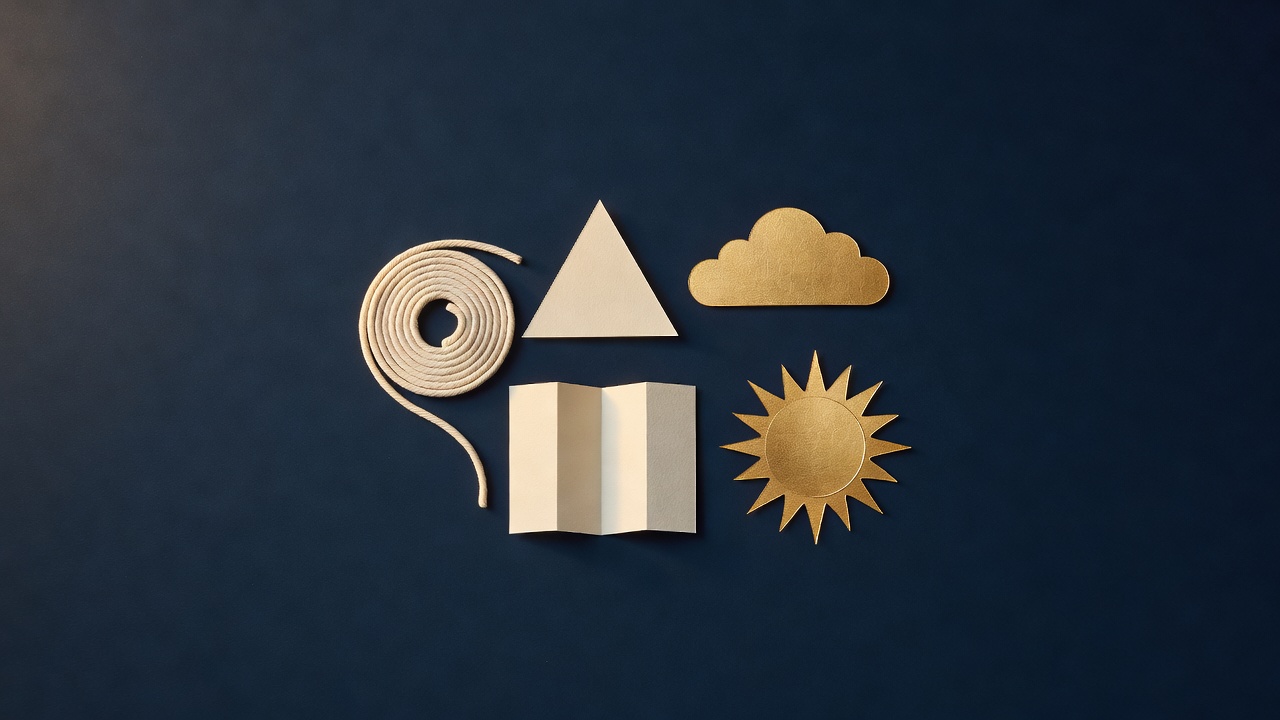Paper-cut still life of a coiled rope, a triangle peak shape, a cloud, a folded blank map and a sun on navy