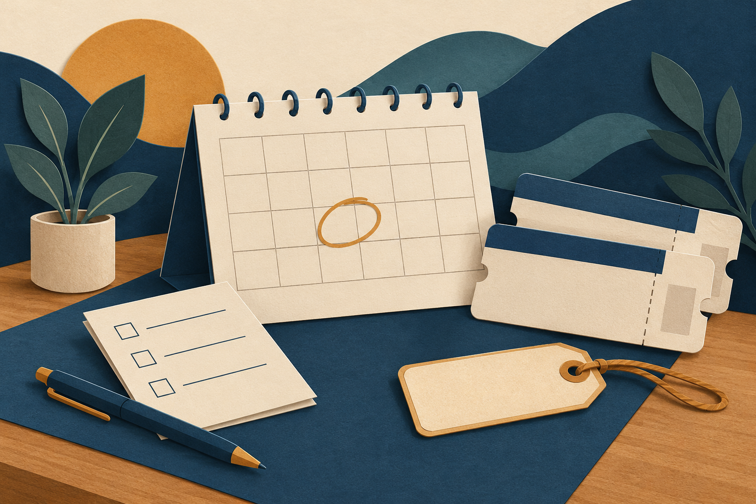 Paper-cut illustration of a blank calendar, plain tickets, a checklist and a luggage tag