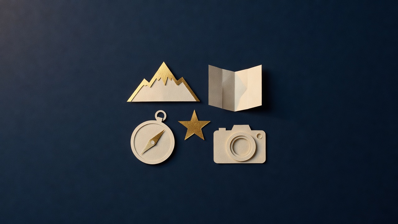 Paper-cut still life of a mountain shape, a folded blank map, a compass, a star and a camera on navy