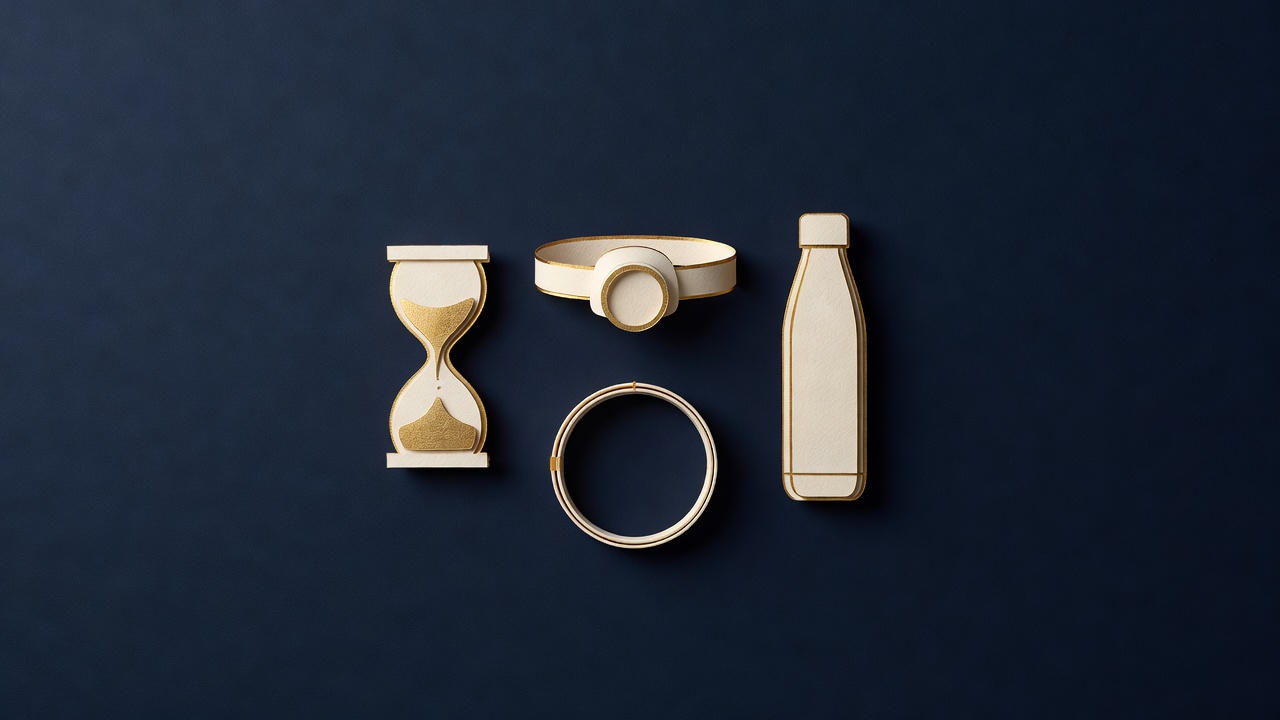 Paper-cut still life of an hourglass, a small headlamp, a water bottle and a round loop of cord