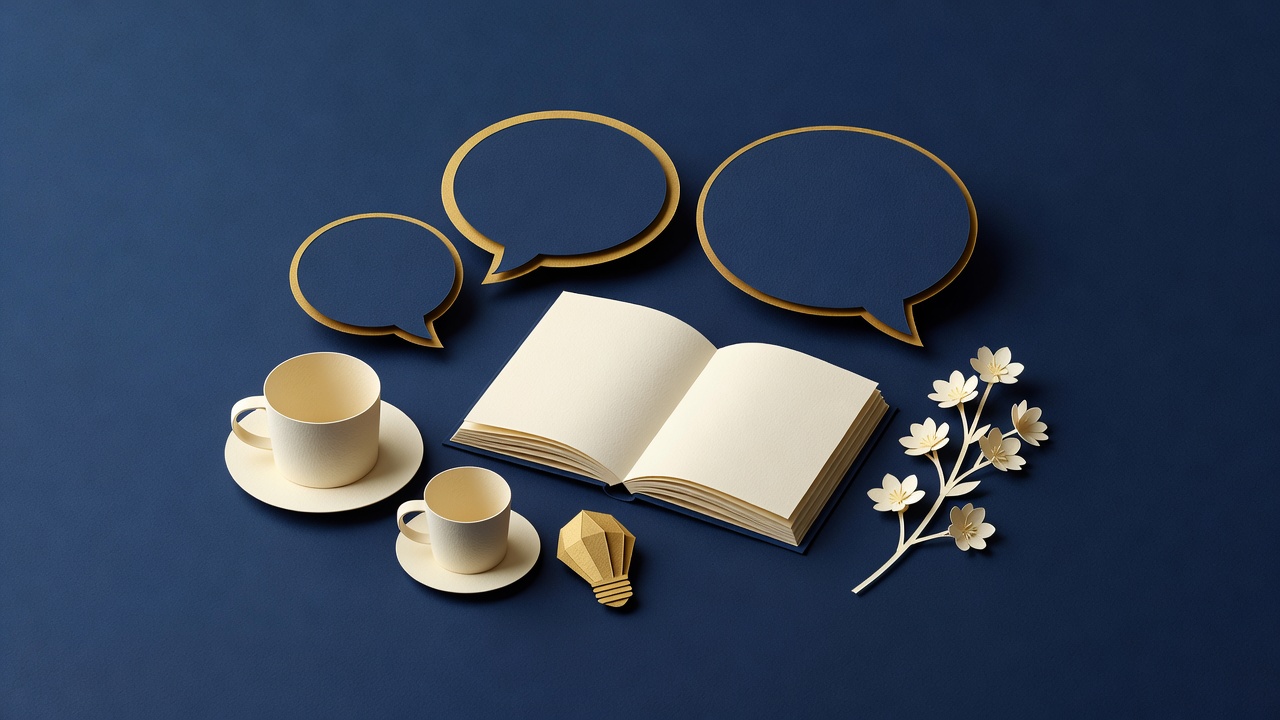 Paper-cut still life of blank speech bubbles, an open book, two coffee cups and a lightbulb on navy