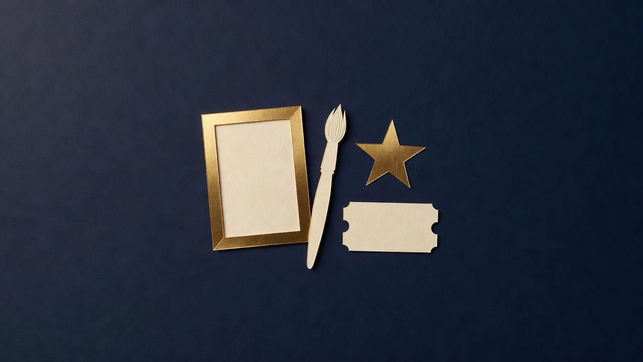 Paper-cut still life of an empty picture frame, a paintbrush, a star and a blank ticket on navy