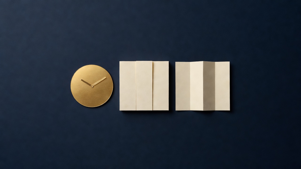Paper-cut still life of a clock face without numerals, a block cut into three sections and a folded blank map on navy