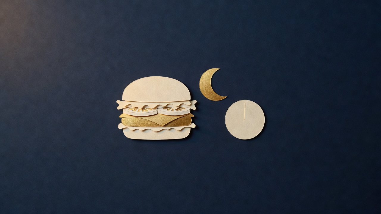 Paper-cut still life of a burger in a round bun, a crescent moon and a clock face without numerals on navy
