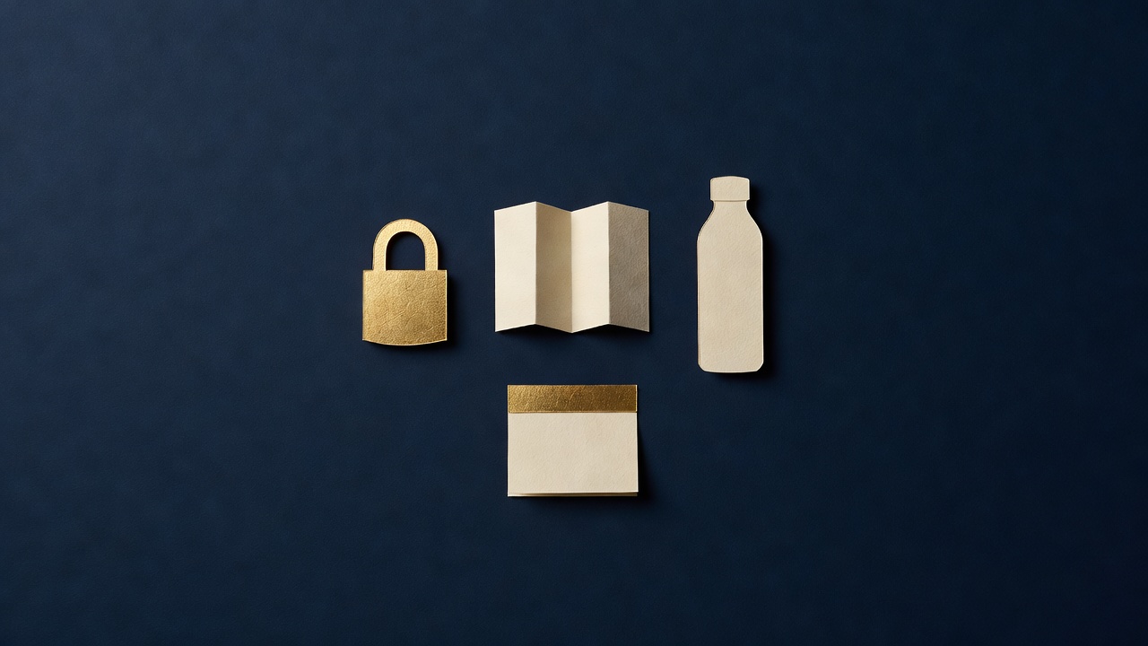 Paper-cut still life of a padlock, a folded blank map, a water bottle and a blank note pad on navy