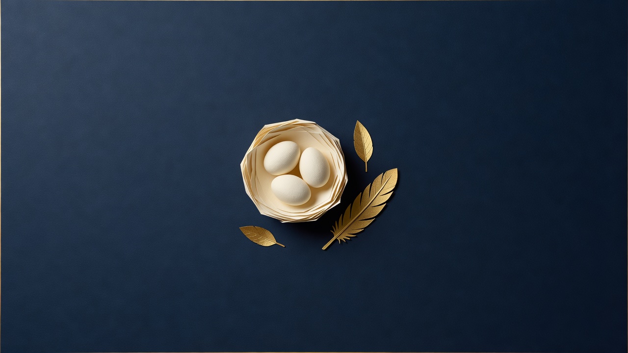 Paper-cut still life of a nest with three eggs, a feather and two leaves on navy