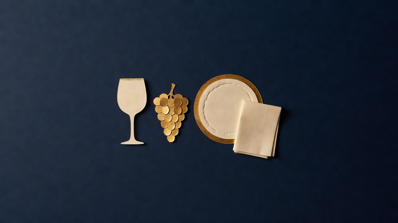 Paper-cut still life of a wine glass, a bunch of grapes, a plain round disc on a gold board and a folded cloth on navy