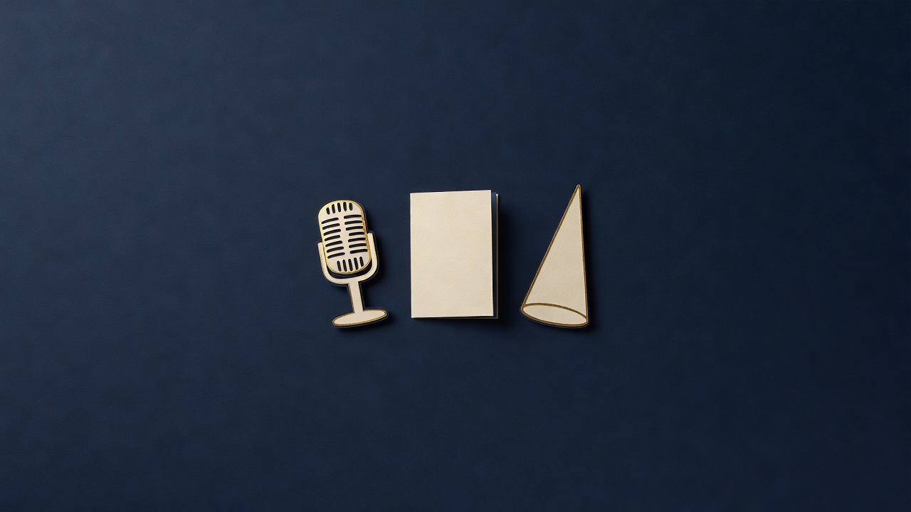 Paper-cut still life of a vintage microphone, a folded programme and a spotlight shape