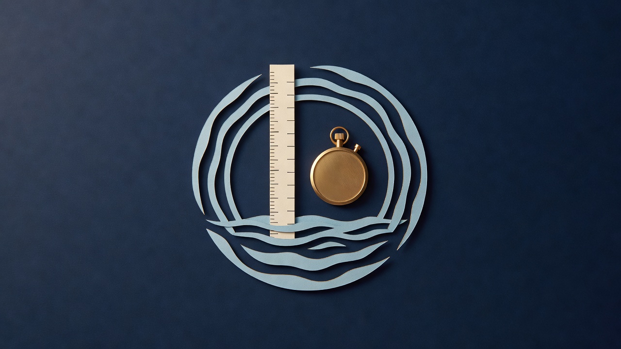 Paper-cut still life of a notched measuring staff in blue paper water, a plain stopwatch and ripple rings on navy