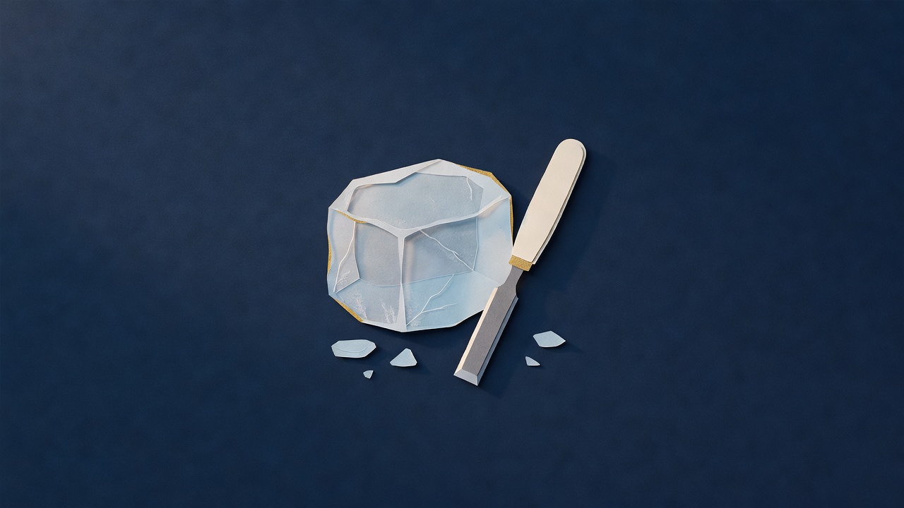 Paper-cut still life of a small ice block with a chisel and a few ice chips on navy