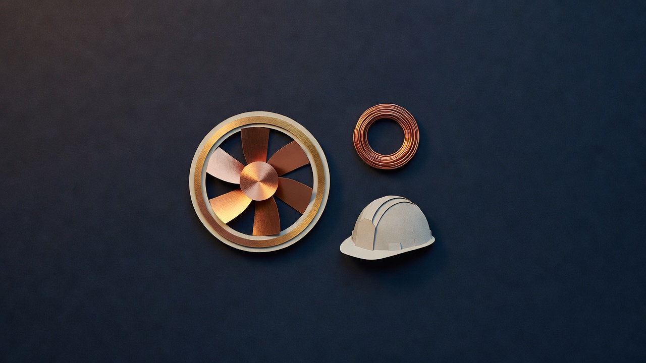 Paper-cut still life of a copper turbine wheel, a coil of wire and a hard hat on navy