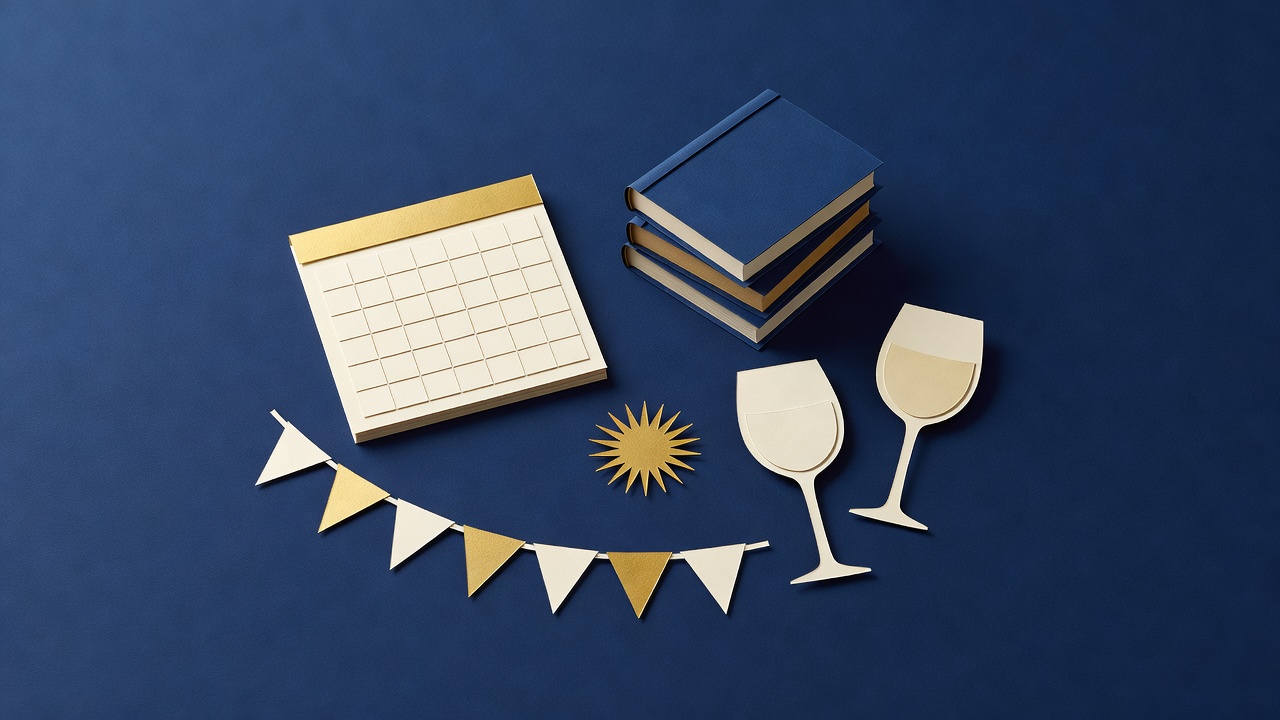 Paper-cut still life of a blank calendar, stacked books, wine glasses, bunting and a gold starburst on navy