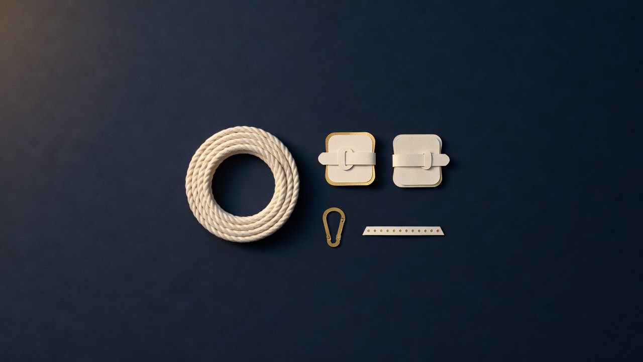 Paper-cut still life of a coiled rope, a pair of strapped ankle cuffs, a plain carabiner and a riveted iron strip on navy