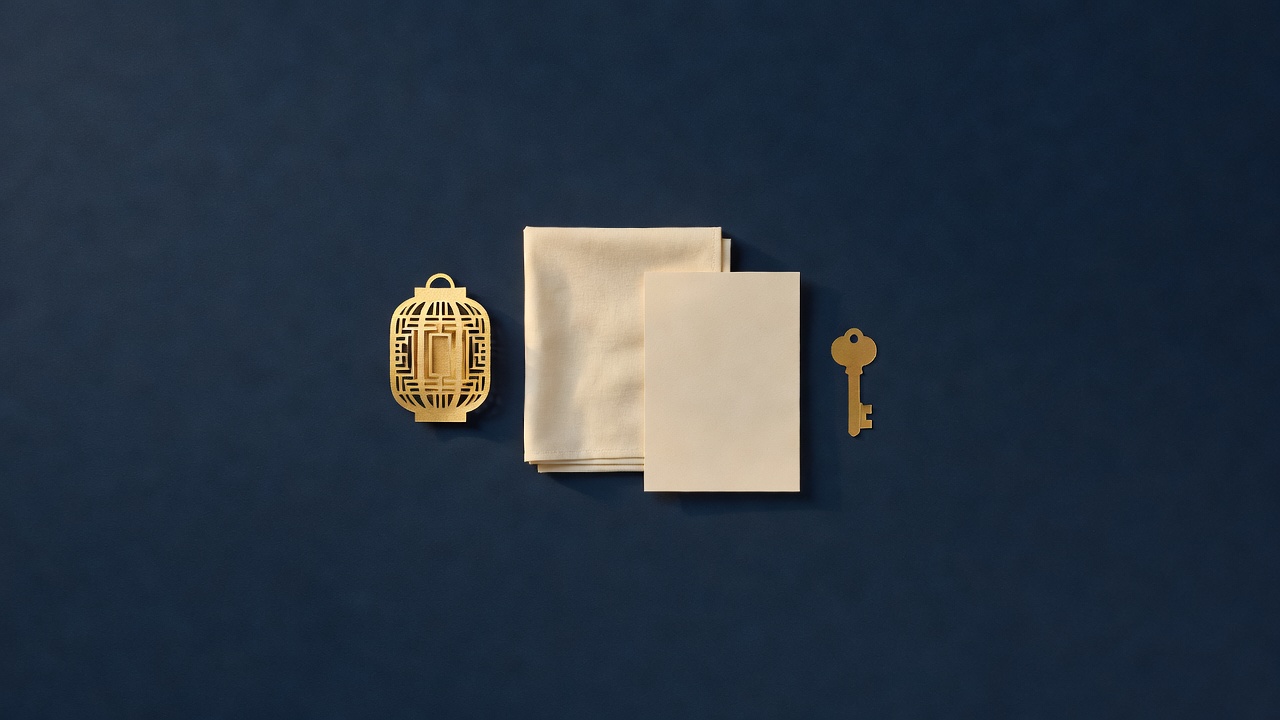 Still life of a gold filigree lantern, a folded cream cloth, a gold key and a blank cream card on navy