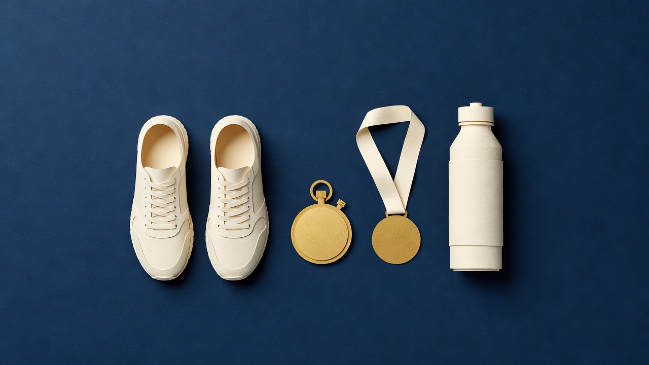 Paper-cut still life of running shoes, a stopwatch, a medal and a water bottle on navy