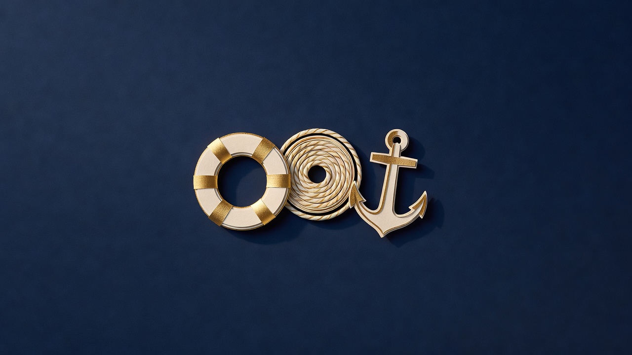 Paper-cut still life of a life ring, a coil of rope and a small anchor