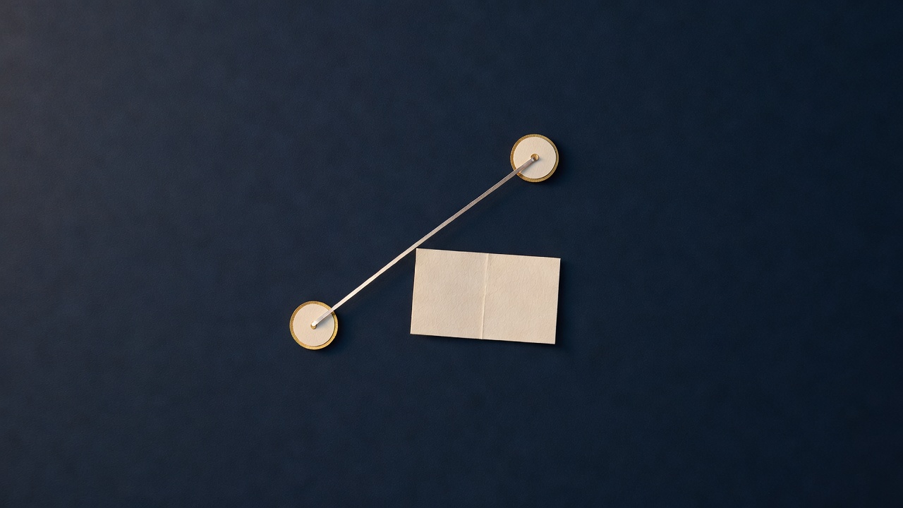 Paper-cut still life of a steep silver cable between two small pulleys and a blank ticket on navy