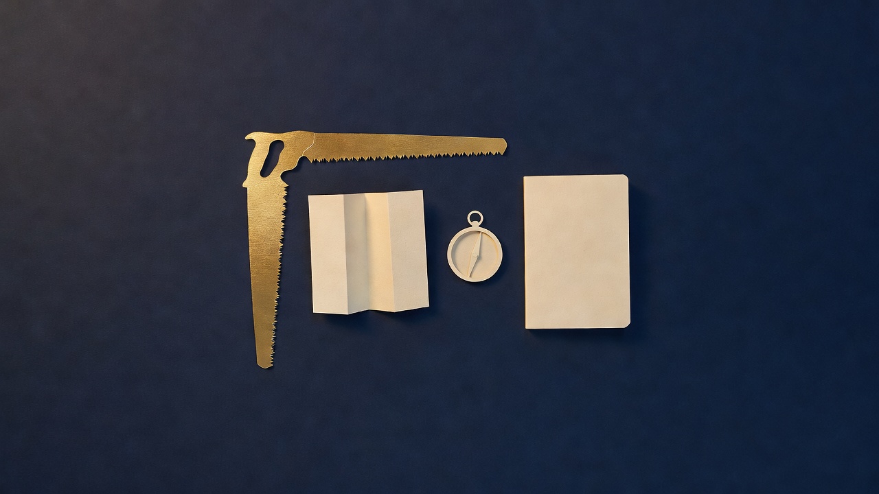 Paper-cut still life of a saw with a toothed edge, a folded map, a plain compass and a closed notebook on navy
