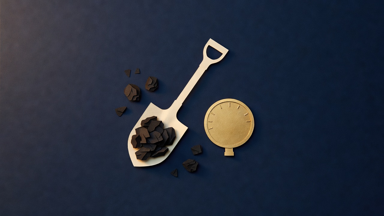 Paper-cut still life of a coal shovel heaped with coal and a plain gold gauge on navy