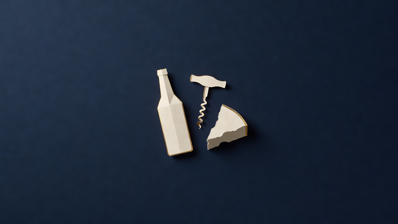 Paper-cut still life of a plain bottle, a corkscrew and a wedge of cheese