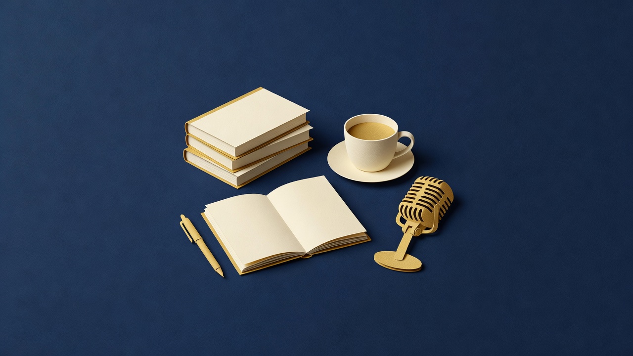 Paper-cut still life of stacked books, an open notebook, a pen, a coffee cup and a microphone on navy