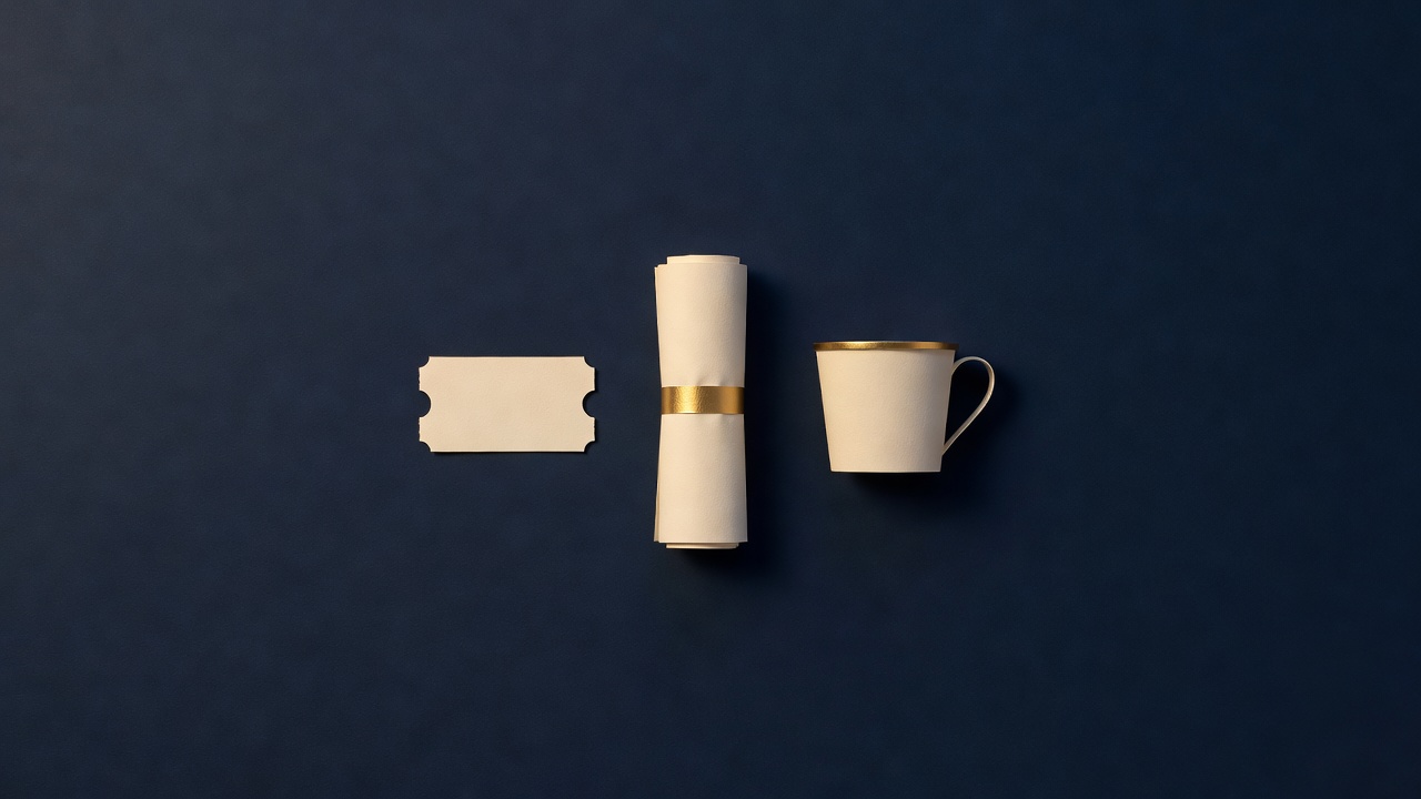 Paper-cut still life of a blank ticket, a rolled sleeping mat with a gold band and a cup on navy
