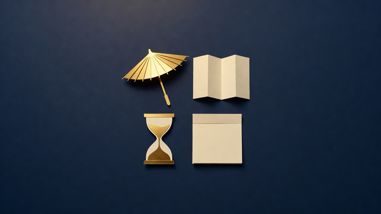 Paper-cut still life of an umbrella, a folded blank map, an hourglass and a blank note pad on navy