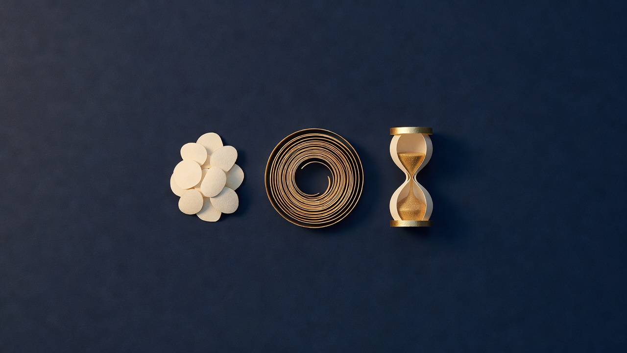 Paper-cut still life of a small pile of pebbles, a coil of gold rope and an hourglass on navy