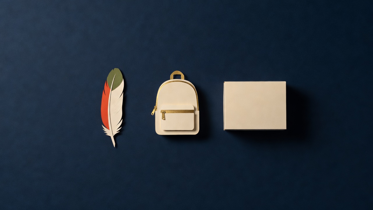 Paper-cut still life of a cream feather tipped in olive green with an orange edge, a zipped daypack and a closed plain box on navy