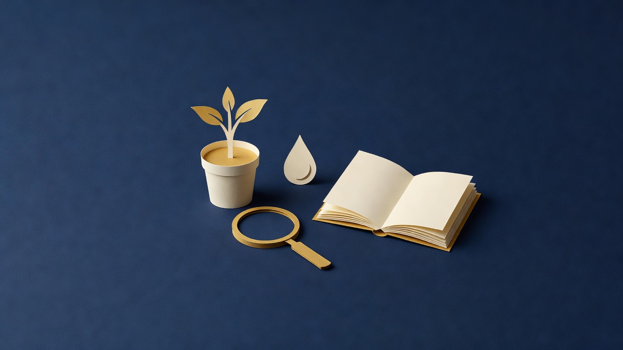 Paper-cut still life of a seedling in a pot, a magnifying glass, a water drop and an open book on navy
