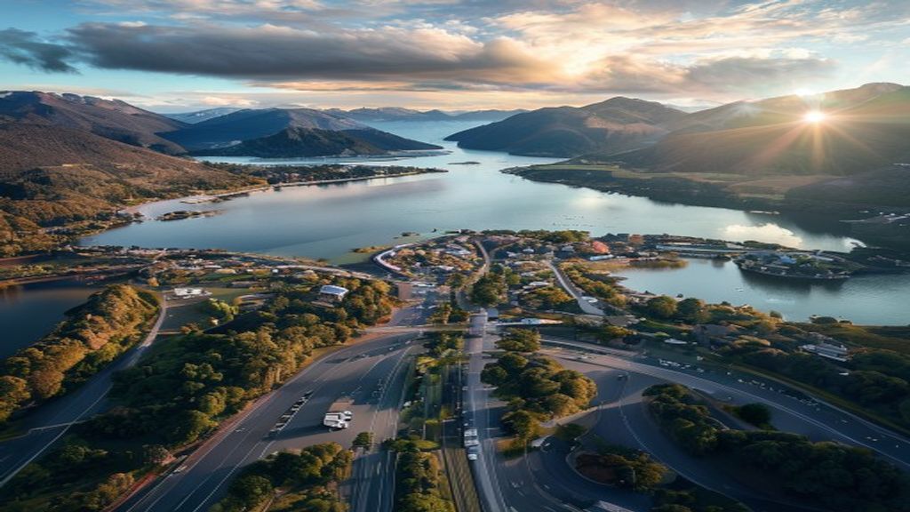 Aerial view of Queenstown and Frankton with the lakeside arterial roads